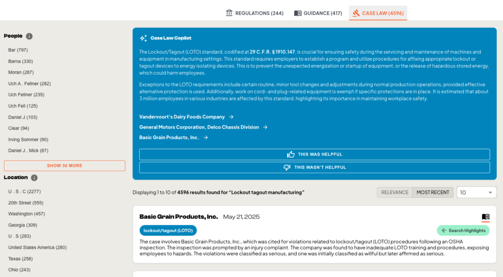 case law results showing lockout tagout in manufacturing
